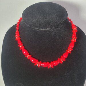 Vintage Western Germany Red Glass Beaded Necklace With Gold-Tone Accents